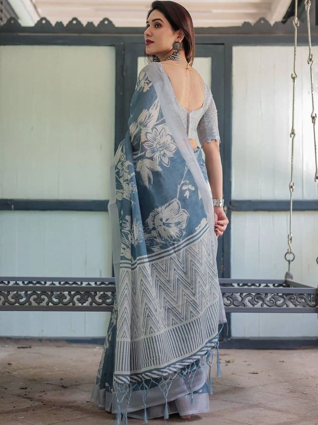saneria silk Floral Linen Blend Chanderi Saree thumbnail 5