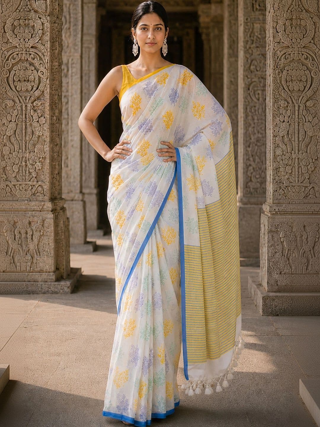 KALINI Floral Linen Blend Designer Block Print Saree thumbnail 3