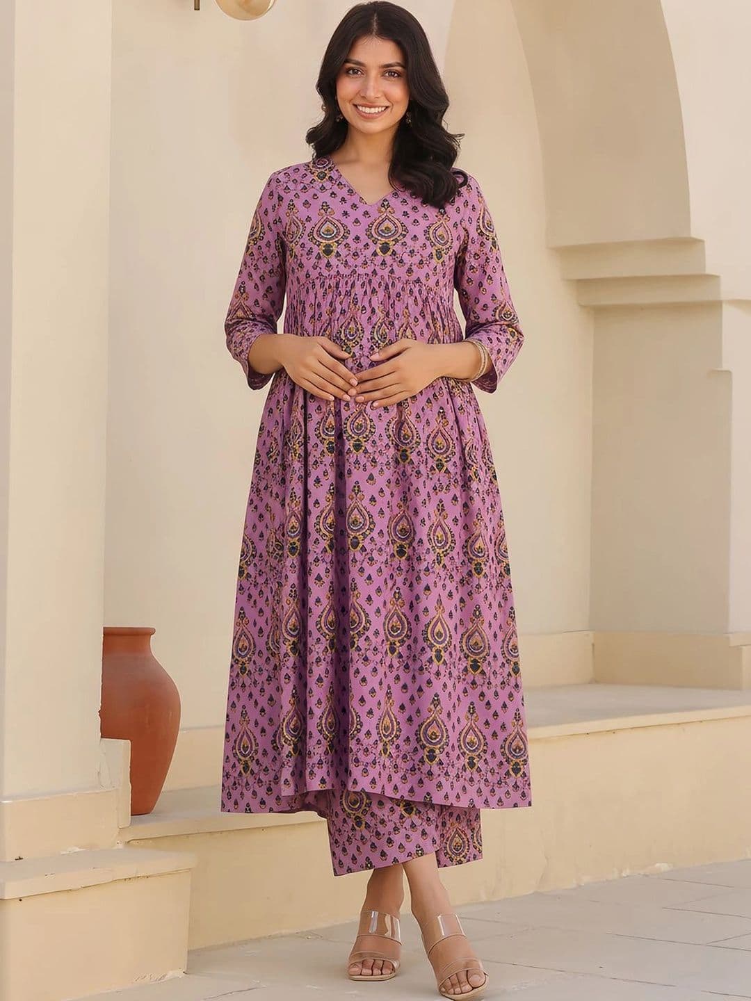 Janasya Women Ethnic Motifs Printed Tiered Pure Cotton Kurta with Trousers thumbnail 5