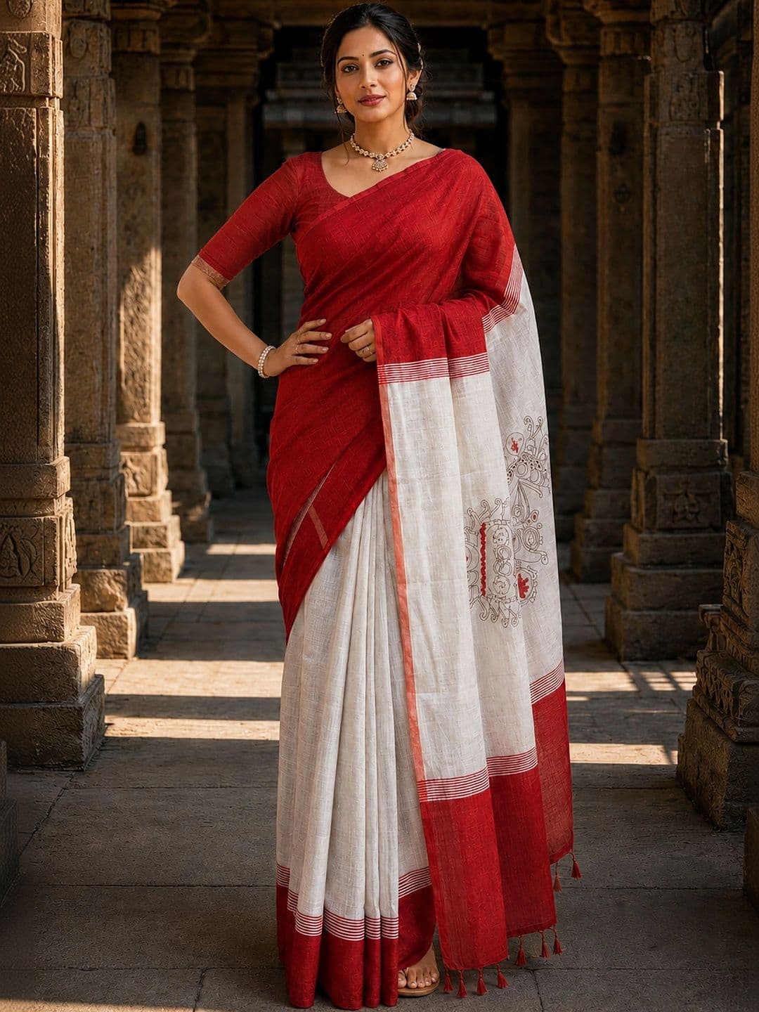 KALINI Linen Blend Designer Block Print Saree thumbnail 3