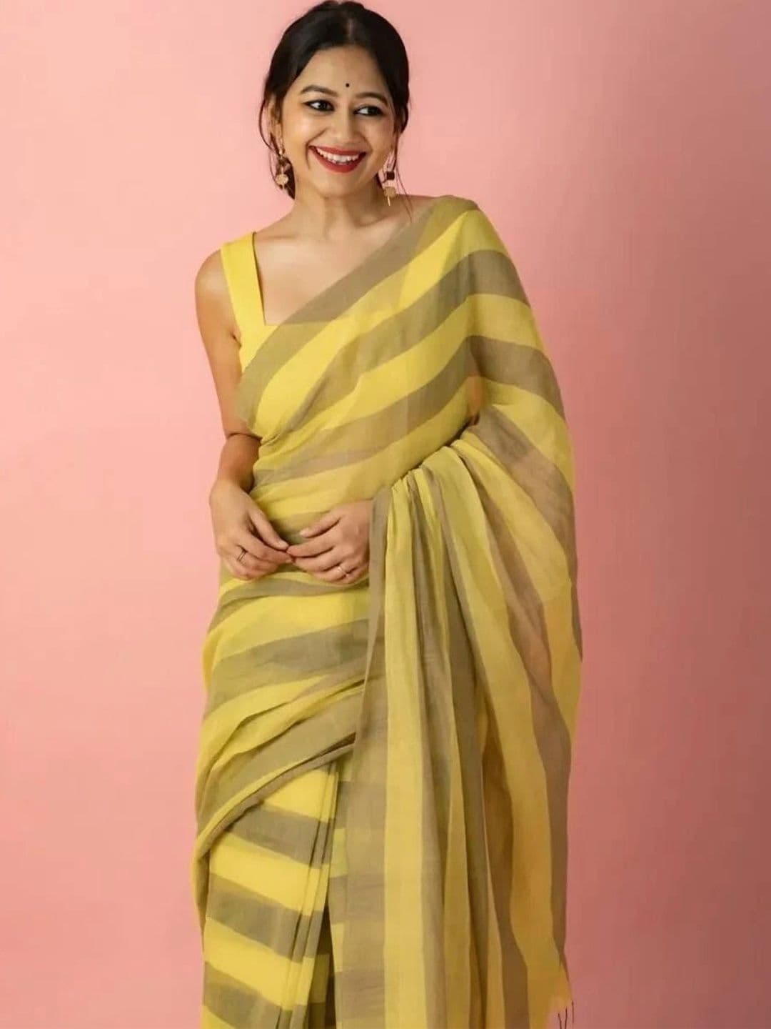 saneria silk Striped Linen Blend Taant Saree thumbnail 3