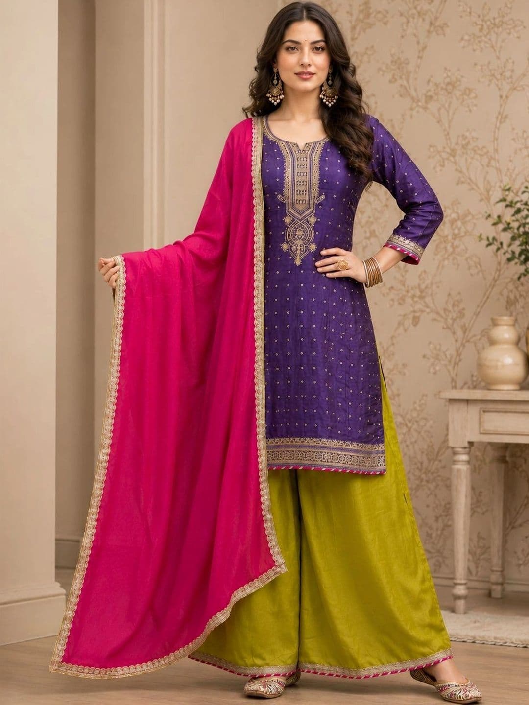Sangria Women Ethnic Motifs Embroidered Regular Dupion Silk Kurta with Sharara & With Dupatta thumbnail 5
