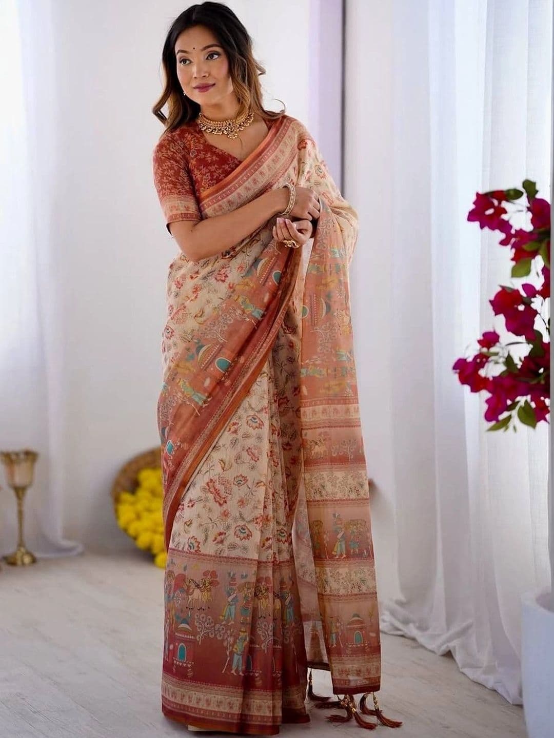 saneria silk Kalamkari Linen Blend Bagru Saree thumbnail 4