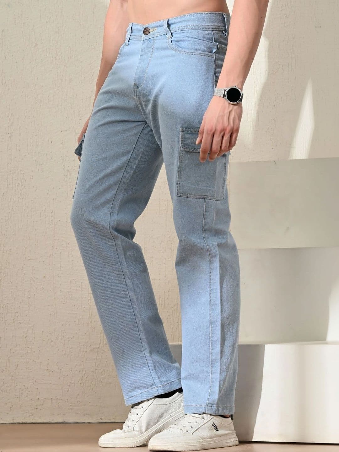 HERE&NOW Men's Light Blue Wash Mid-Rise Cargo Straight Leg Jeans thumbnail 2