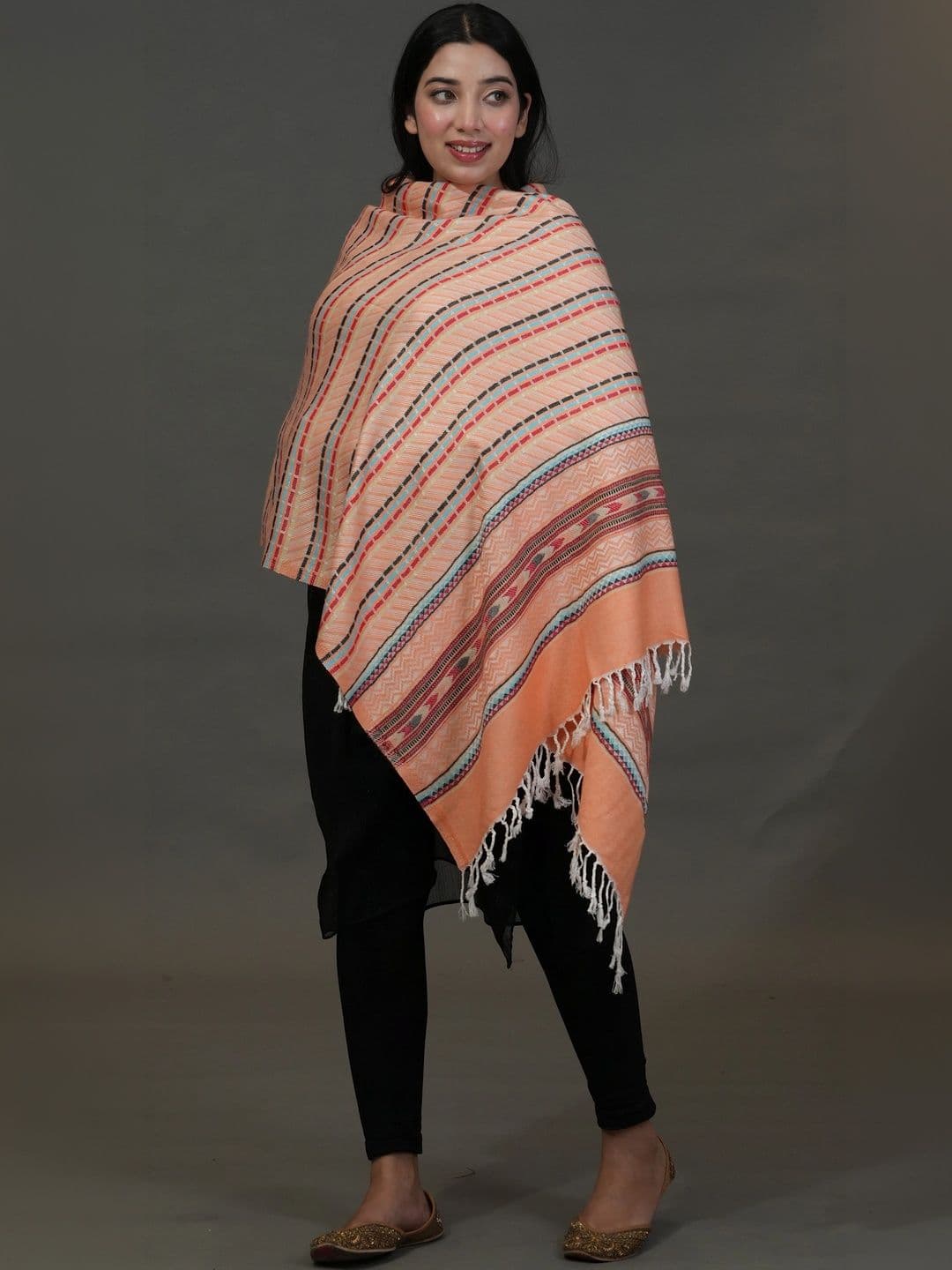 SHIFNEEN Women Striped Woven Design Acrylic Shawl thumbnail 5