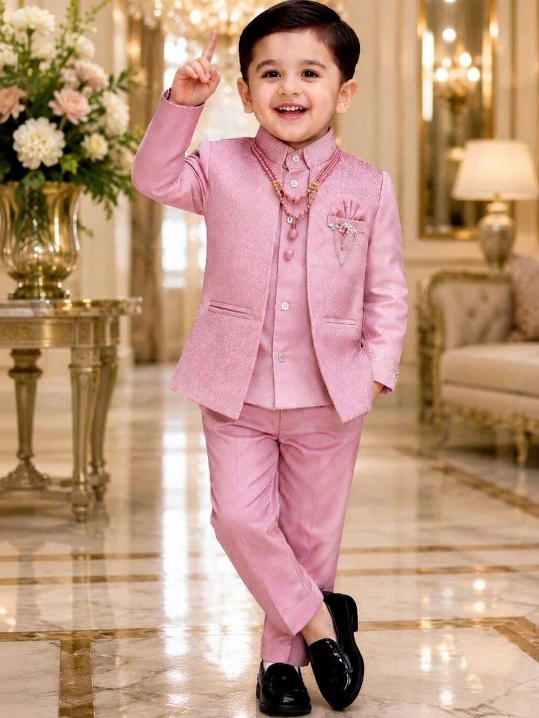 Elite Trend Traders Boys Self-Design Satin Mandarin Collar Neck Sherwani Set - view 1