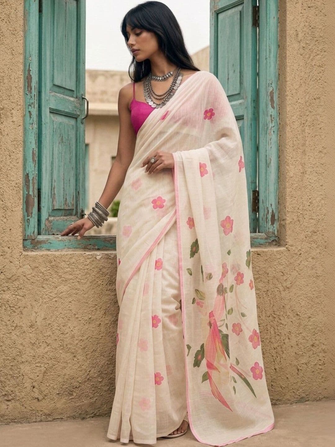 SAARA Floral Pure Linen Saree - view 1