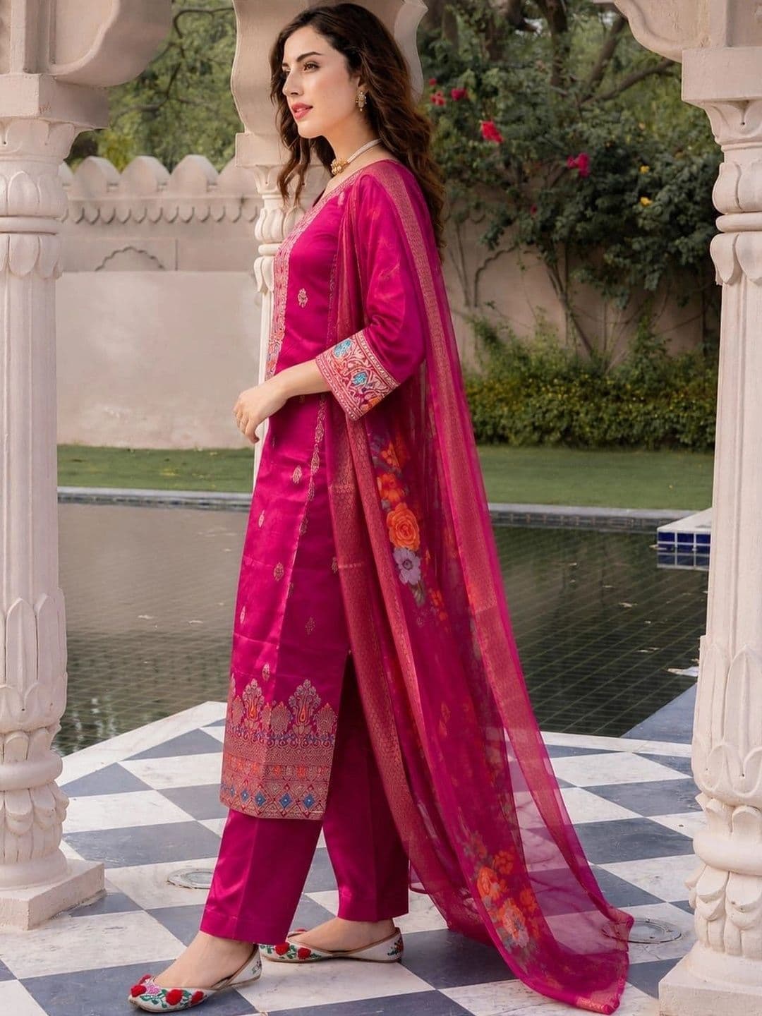 KALINI Women Ethnic Motifs Embroidered Regular Thread Work Kurta with Trousers & With Dupatta thumbnail 2