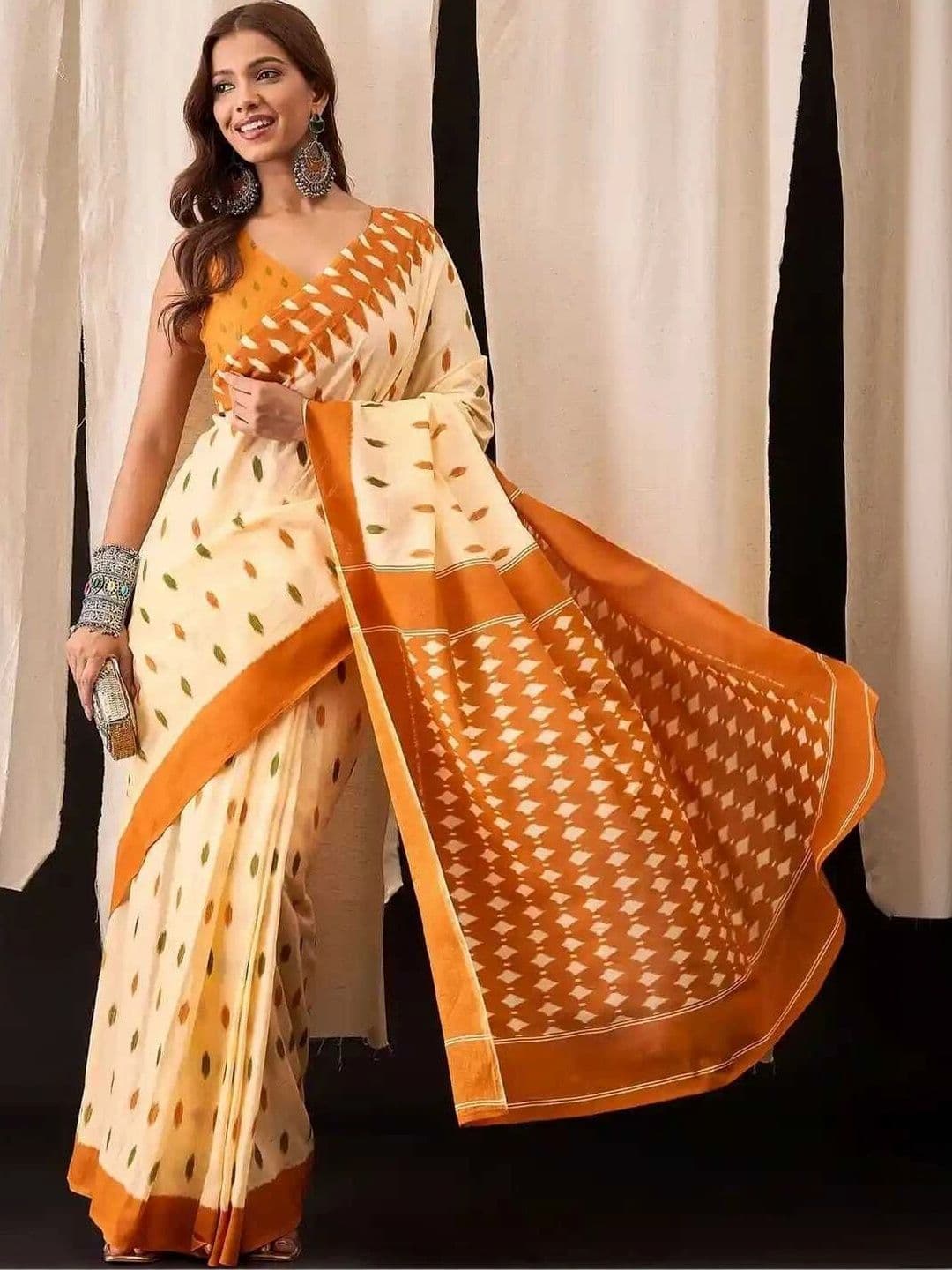 Mitita Fashion Women Cream & Orange Ikat Geometric Printed Cotton Saree thumbnail 5