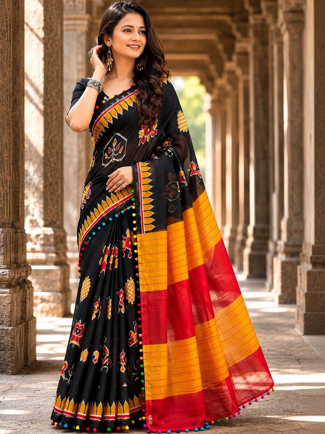 KALINI Linen Blend Designer Block Print Saree thumbnail 2