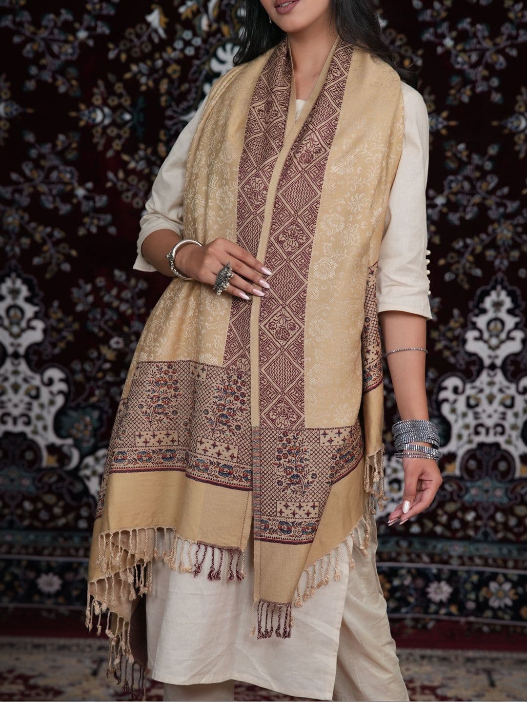 S.T. Women Ethnic Motifs Woven Design Acrylic Shawl thumbnail 4