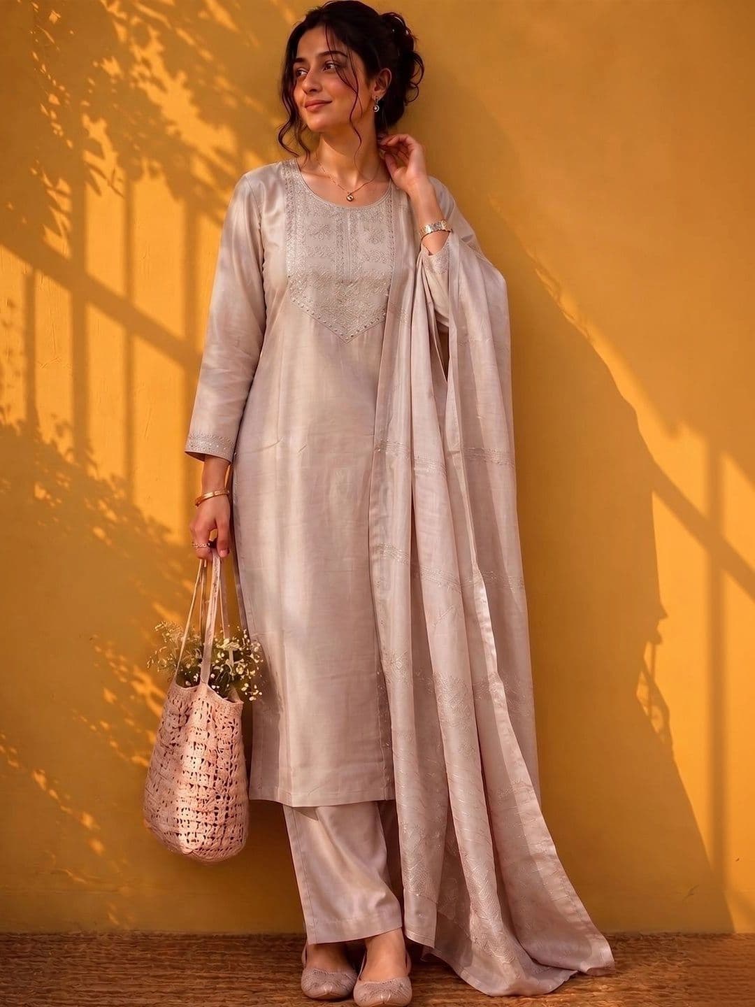 Varanga Women Ethnic Motifs Embroidered Regular Thread Work Kurta with Trousers & With Dupatta - view 1