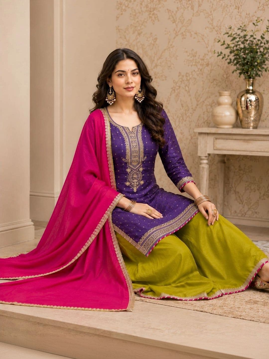 Sangria Women Ethnic Motifs Embroidered Regular Dupion Silk Kurta with Sharara & With Dupatta thumbnail 4