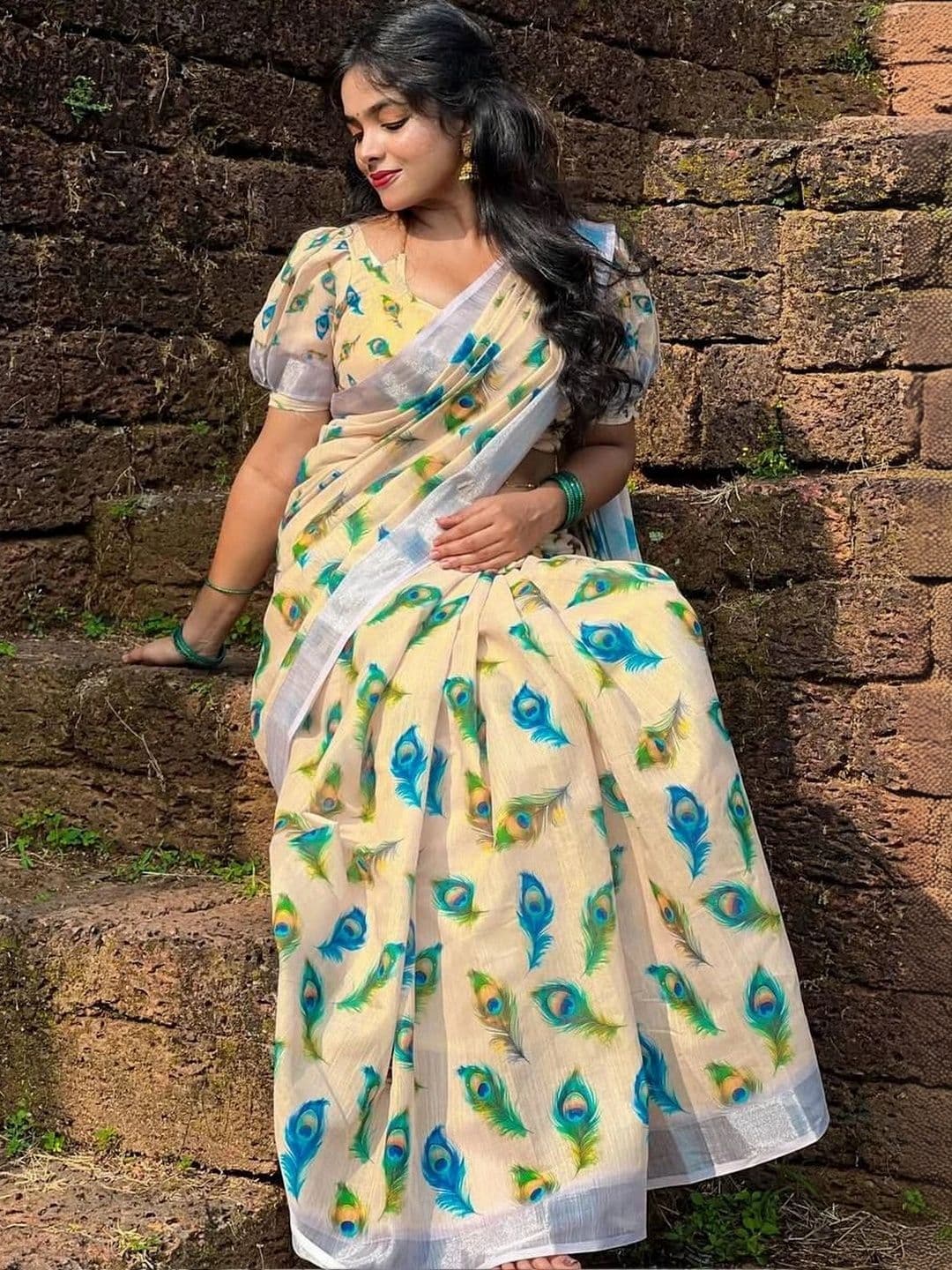saneria silk Floral Linen Blend Kota Saree thumbnail 4