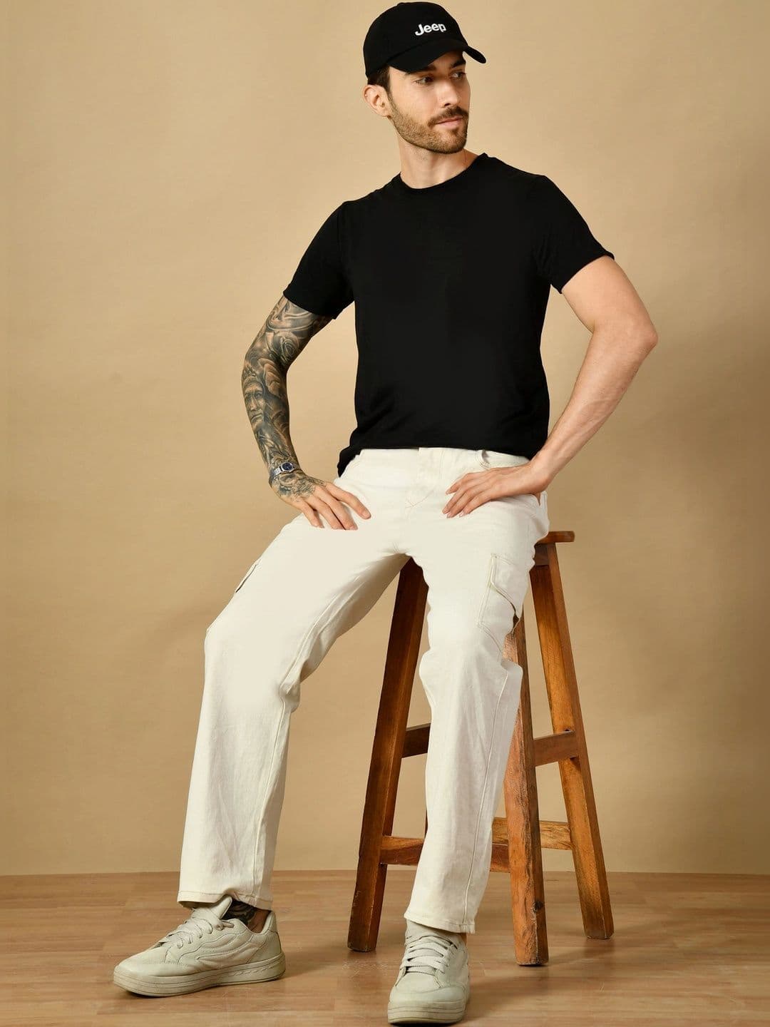 HERE&NOW Men's Contrast-Stitched Beige Cargo Wide-Leg Jeans thumbnail 2