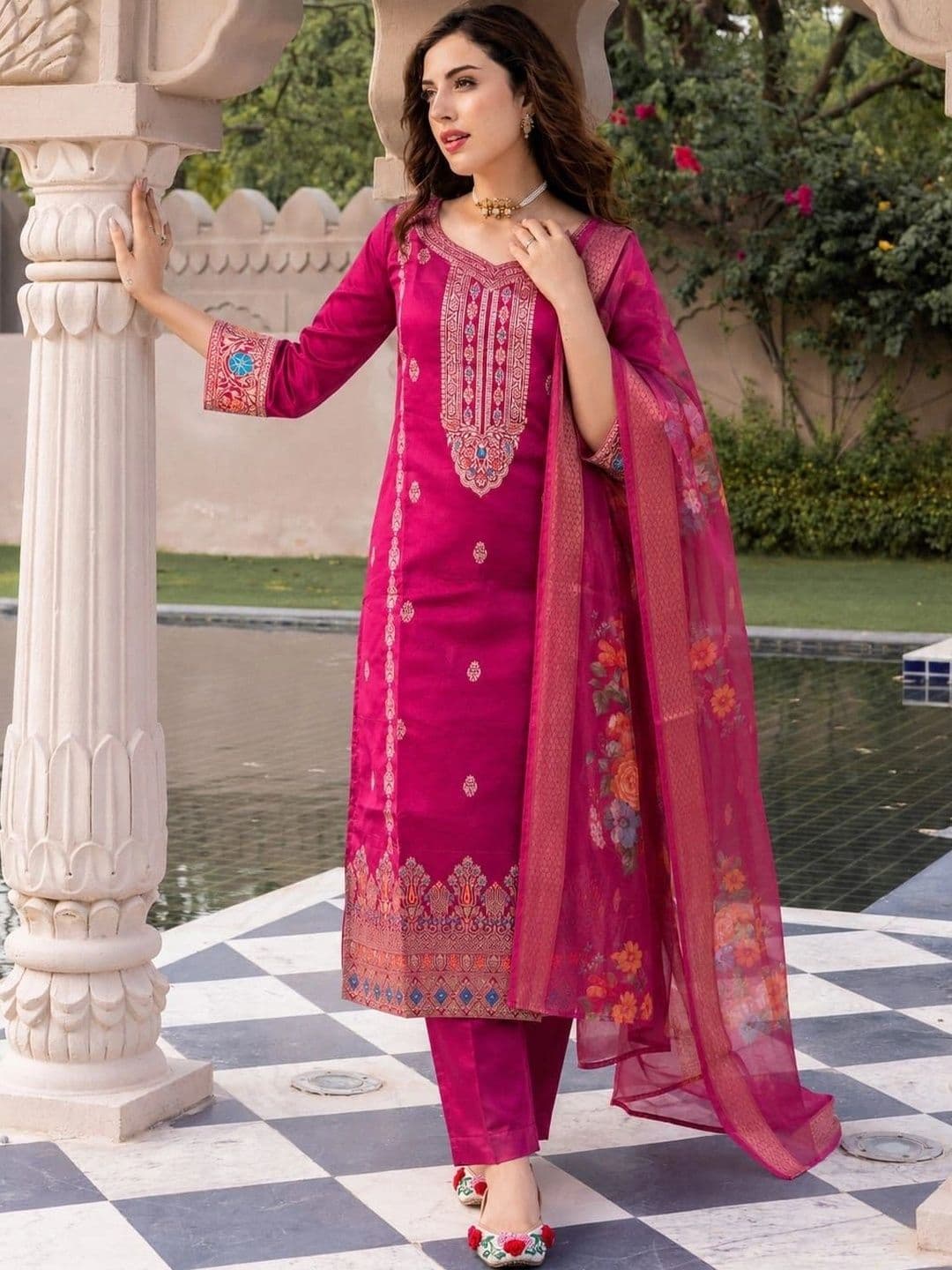 KALINI Women Ethnic Motifs Embroidered Regular Thread Work Kurta with Trousers & With Dupatta thumbnail 3