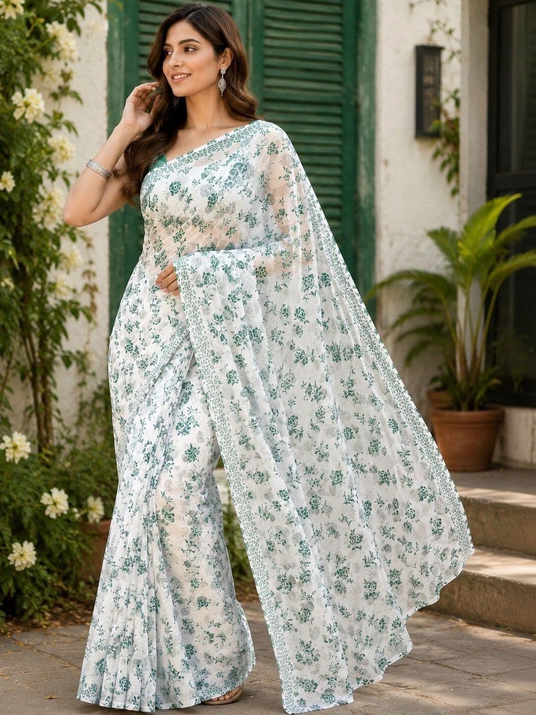 NARIVESH TRENDS Floral Poly Georgette Saree - view 1