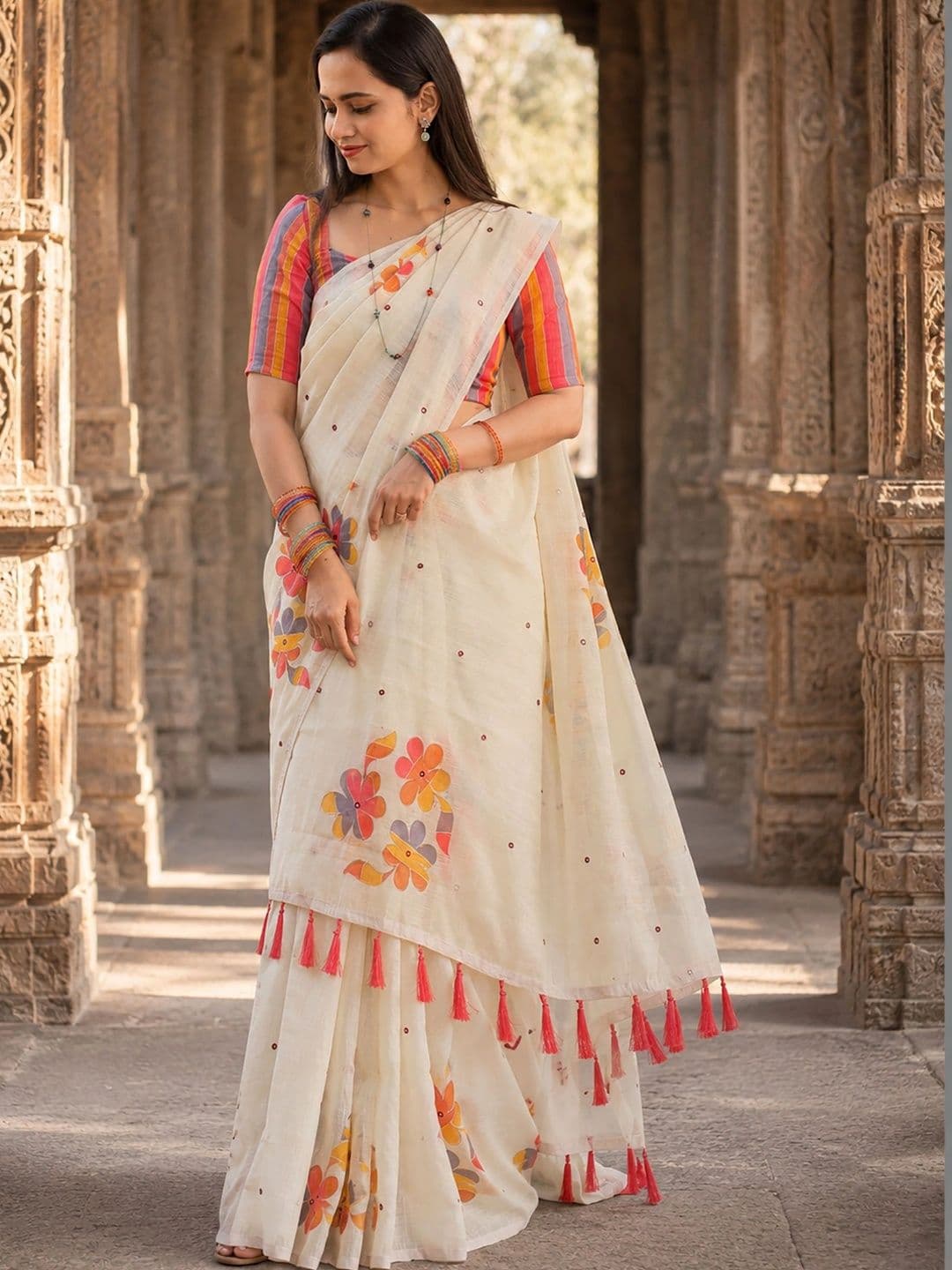 KALINI Linen Blend Designer Block Print Saree thumbnail 4