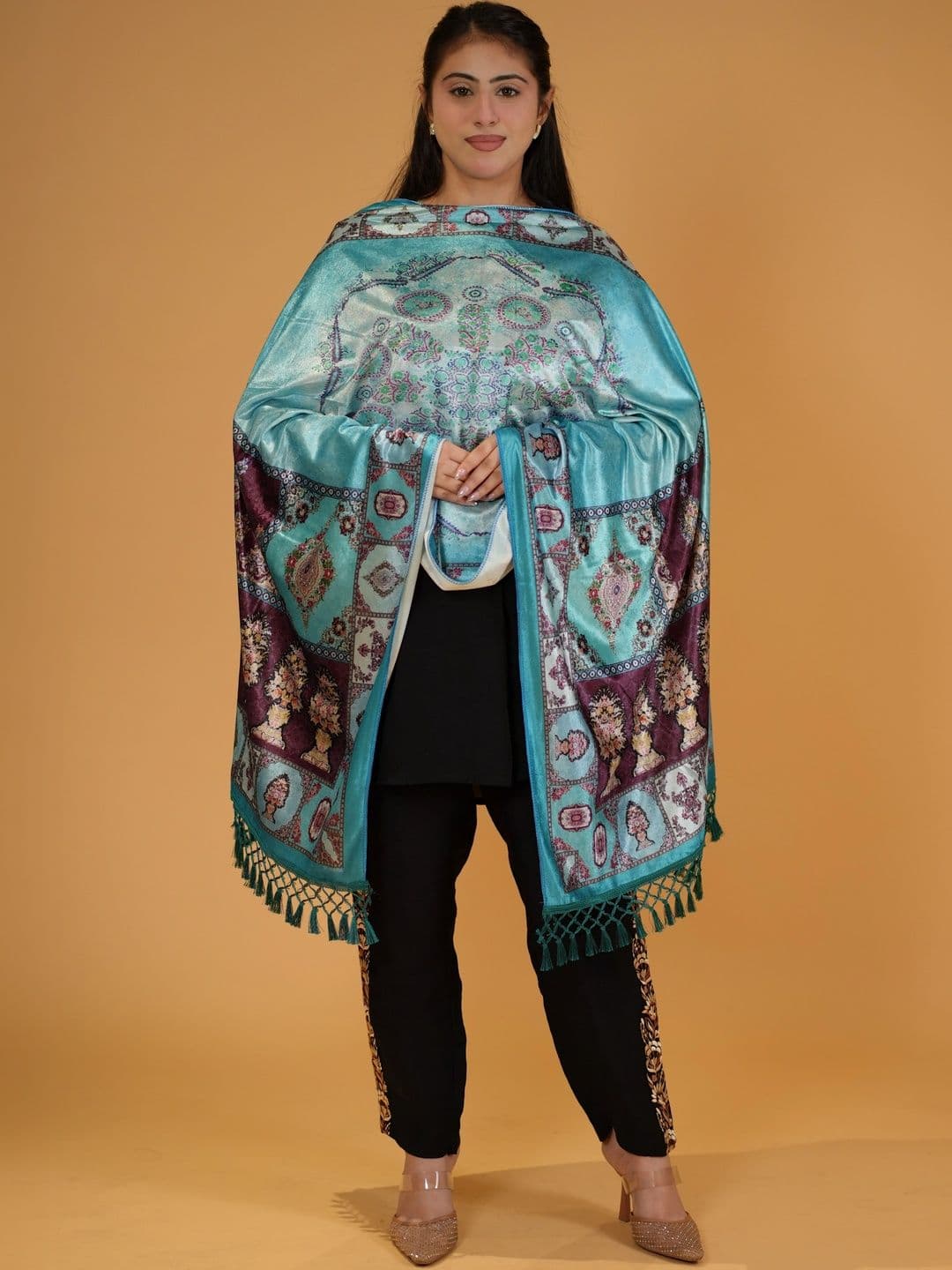 S.T. Women Ethnic Motifs Printed Velvet Shawl thumbnail 5