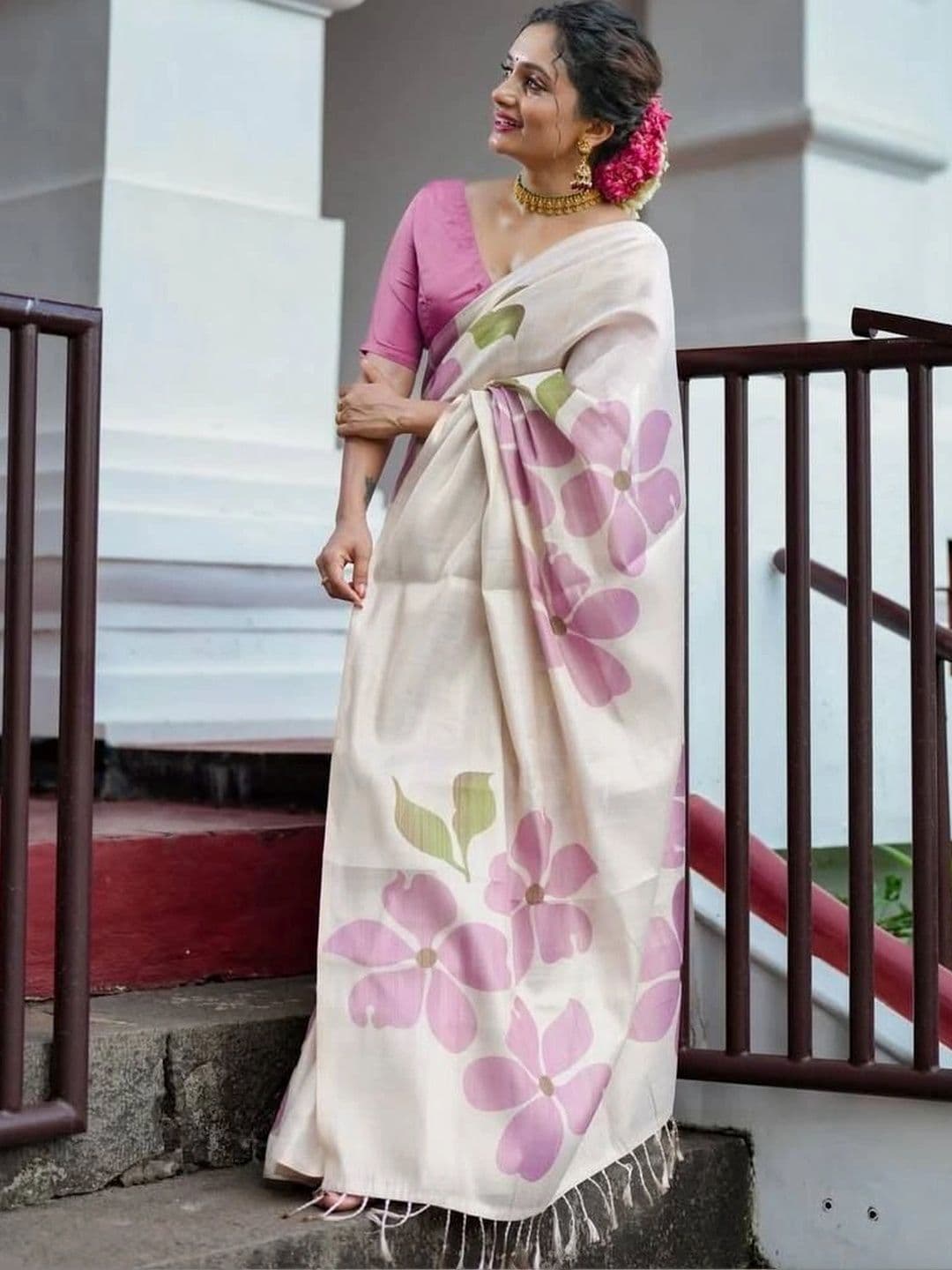 saneria silk Floral Linen Blend Chanderi Saree thumbnail 4