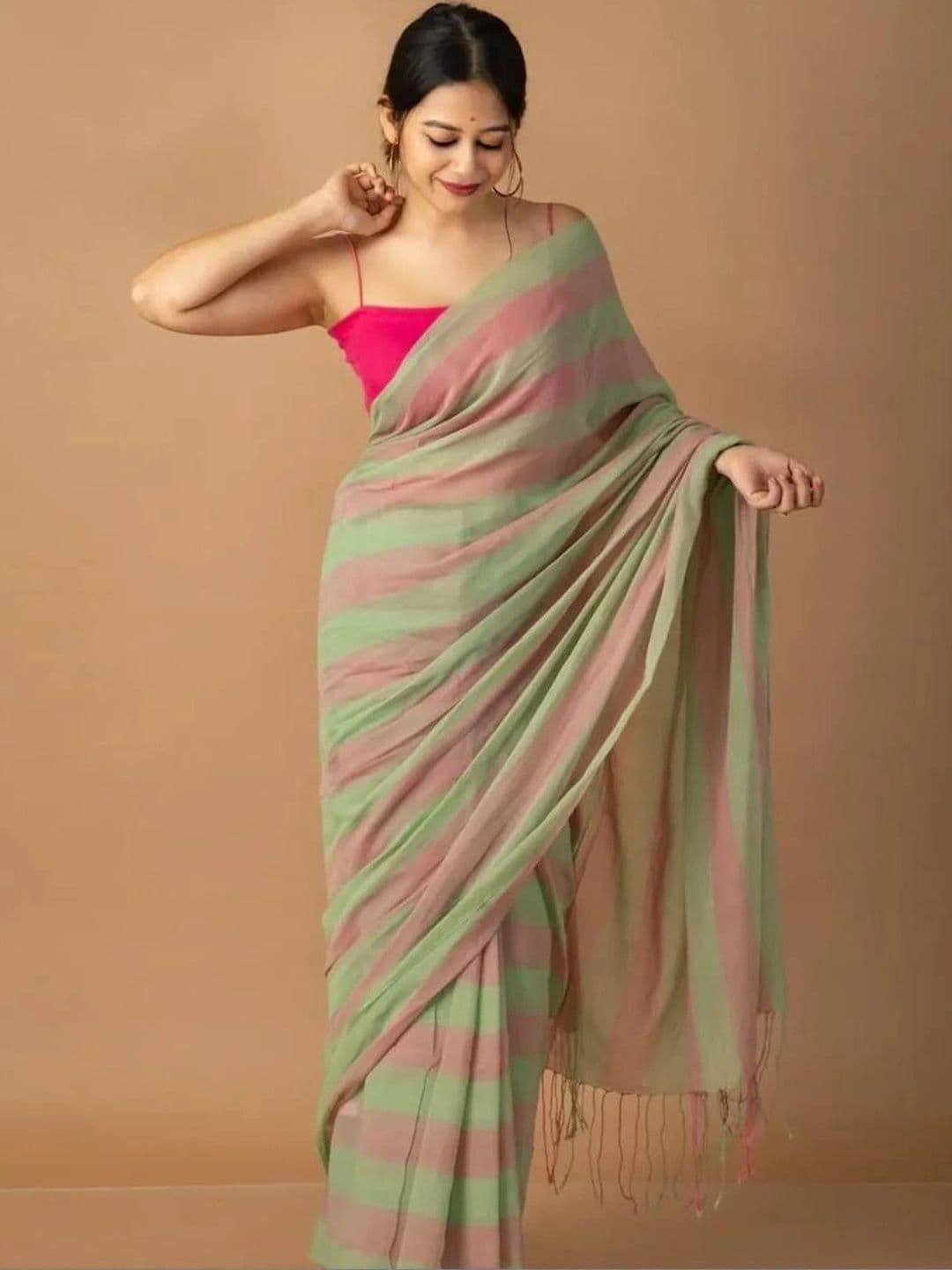 saneria silk Striped Linen Blend Taant Saree - view 1