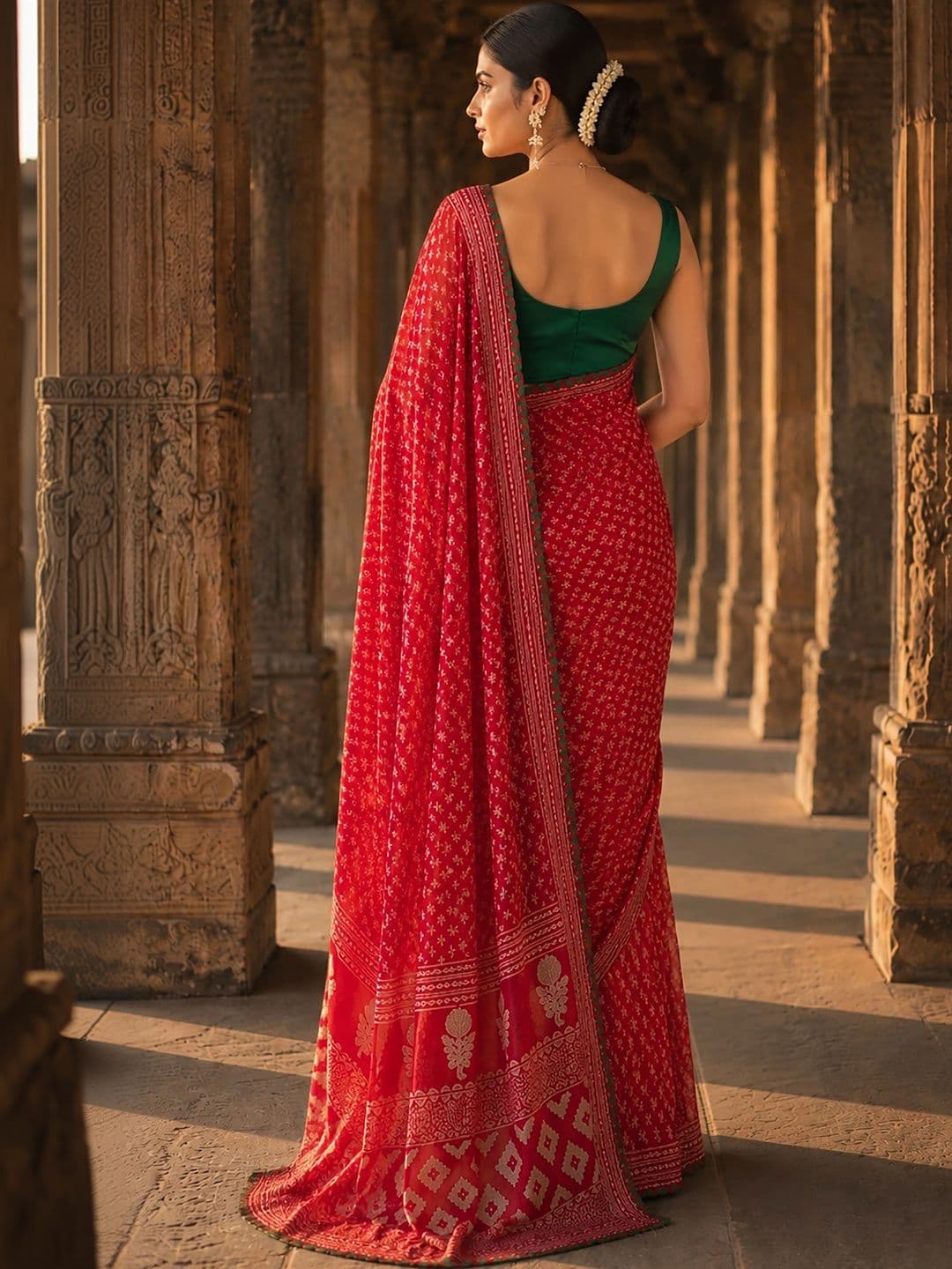 KALINI Bandhani Zari Linen Blend Designer Block Print Saree thumbnail 5