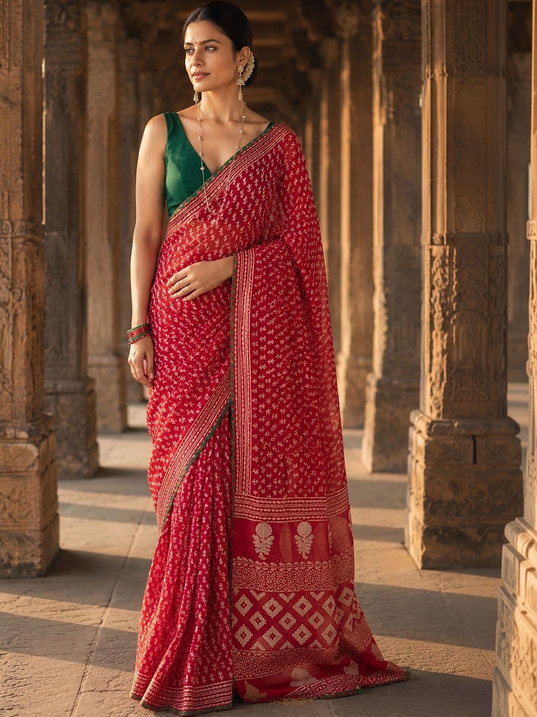 KALINI Bandhani Zari Linen Blend Designer Block Print Saree thumbnail 6