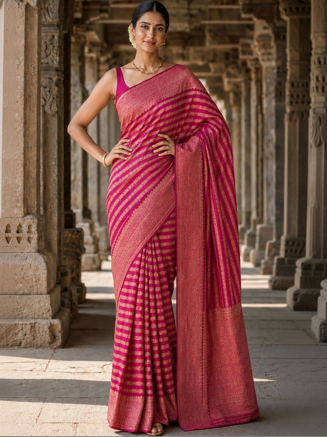 Mitera Striped Zari Silk Blend Designer Banarasi Saree thumbnail 3