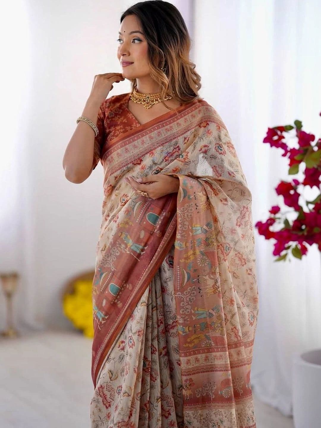 saneria silk Kalamkari Linen Blend Bagru Saree thumbnail 2