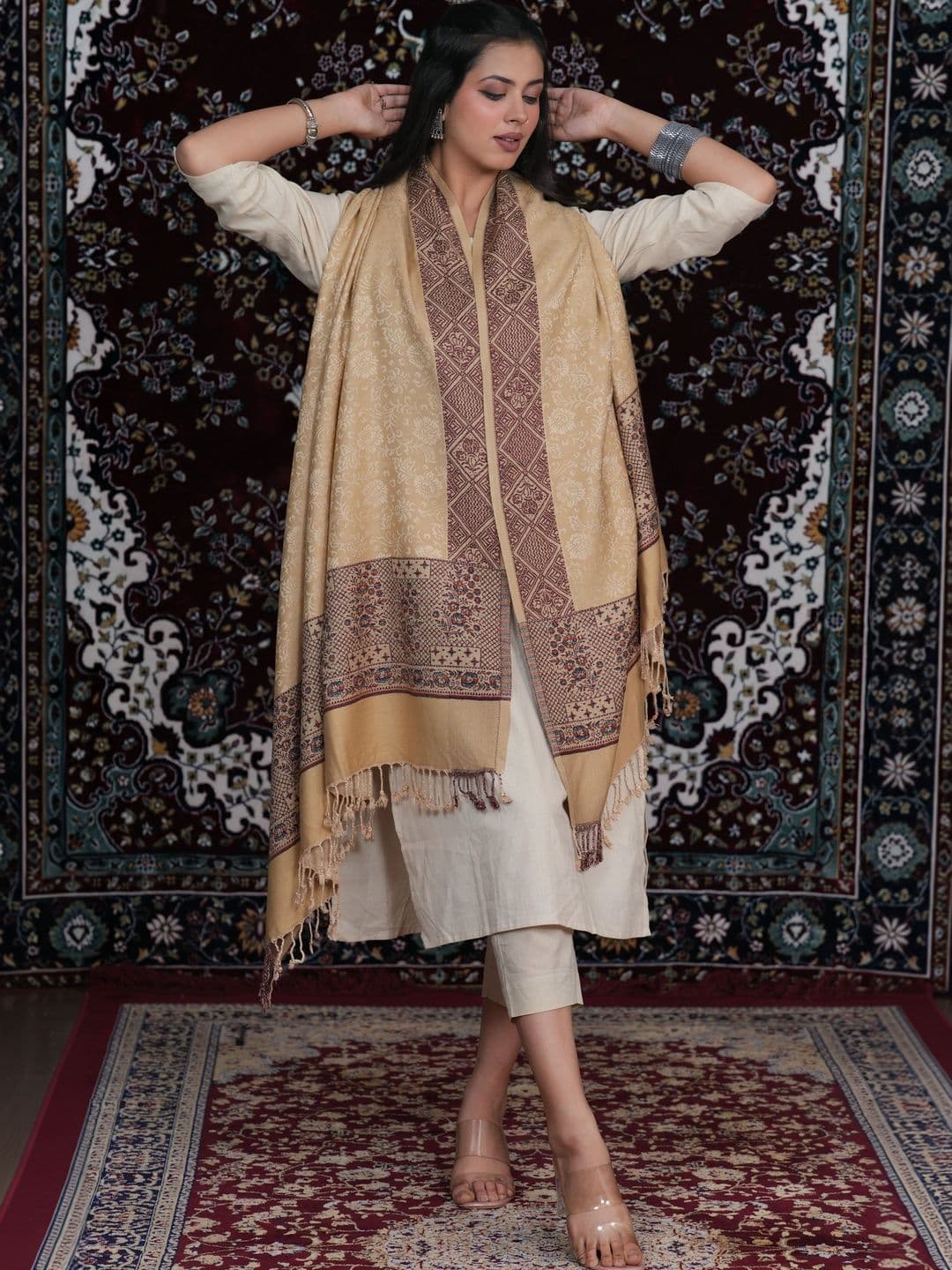 SHIFNEEN Women Floral Woven Design Acrylic Shawl thumbnail 3