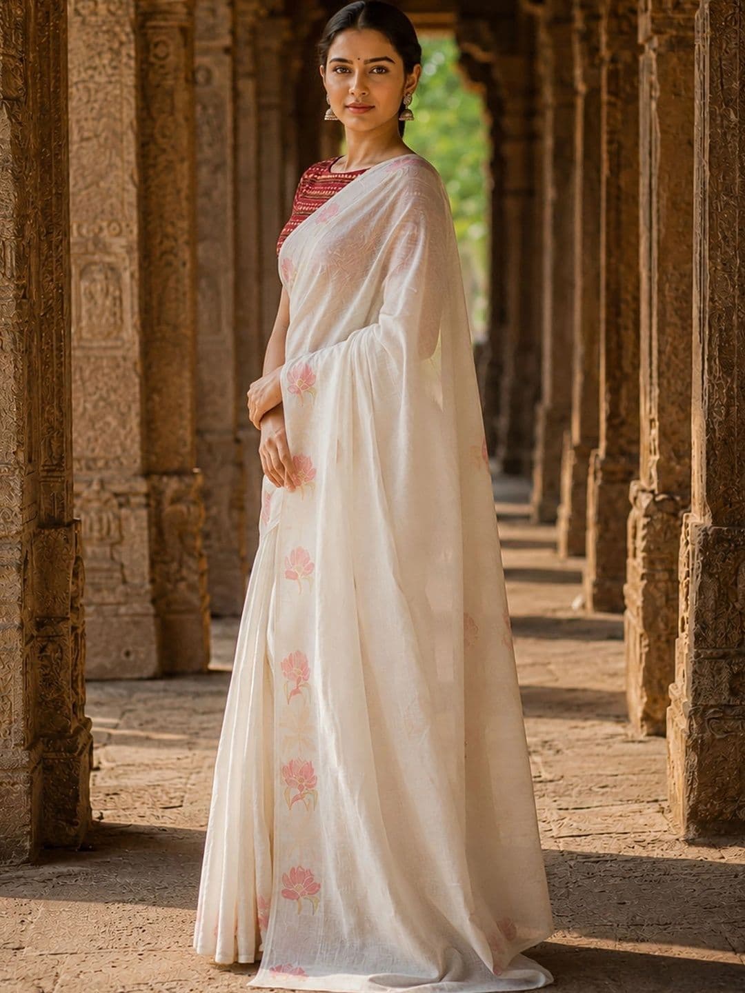 KALINI Floral Linen Blend Designer Block Print Saree thumbnail 3