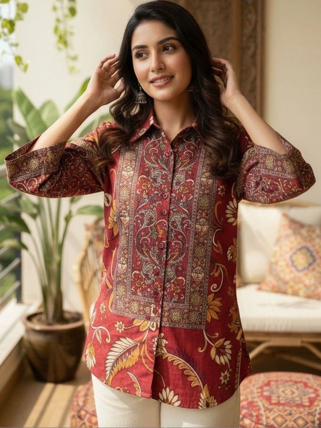 Anouk Paisley Printed Shirt Collar Pure Cotton Blend Kurti thumbnail 2