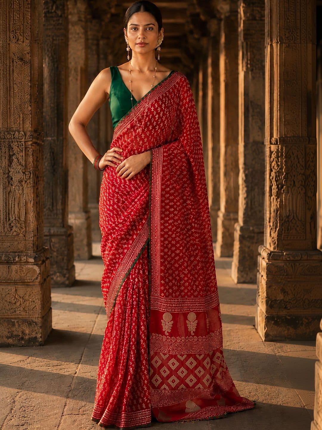 KALINI Bandhani Zari Linen Blend Designer Block Print Saree thumbnail 4