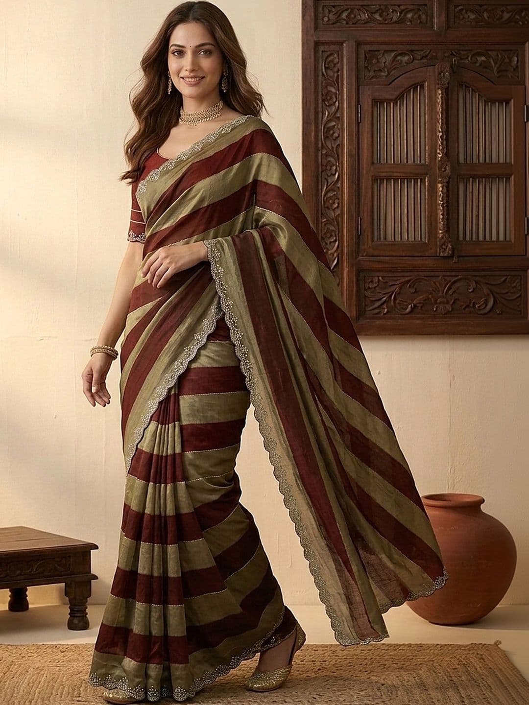 all about you Striped Embroidered Silk Blend Fusion Saree - view 1