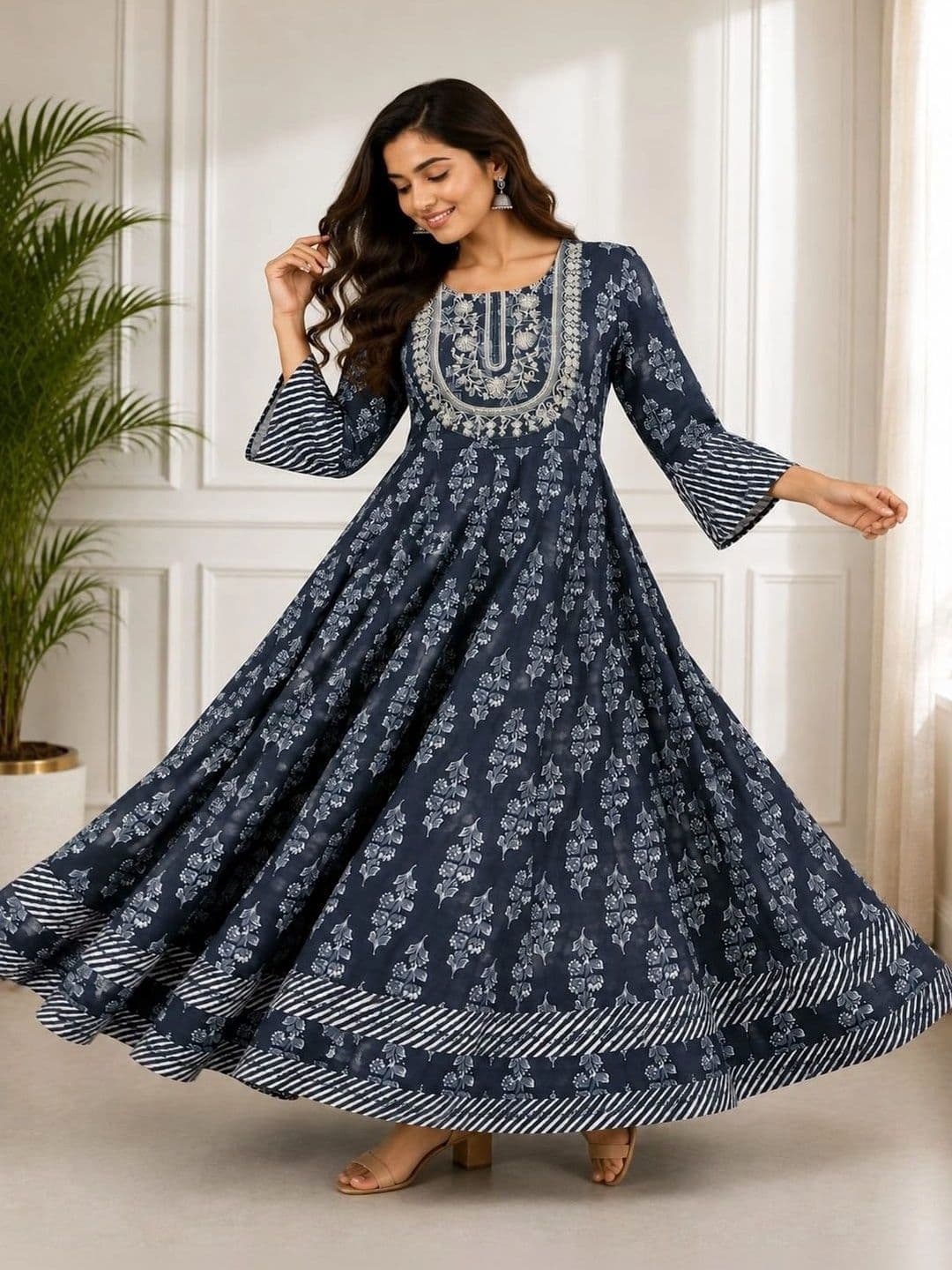 HERE&NOW Printed Round Neck A-Line Ethnic Dresses thumbnail 7