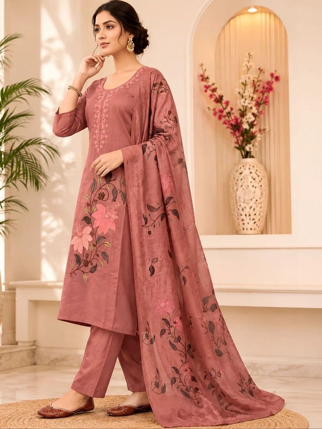 Harvi Women Floral Embroidered Regular Thread Work Kurta with Trousers & With Dupatta thumbnail 5