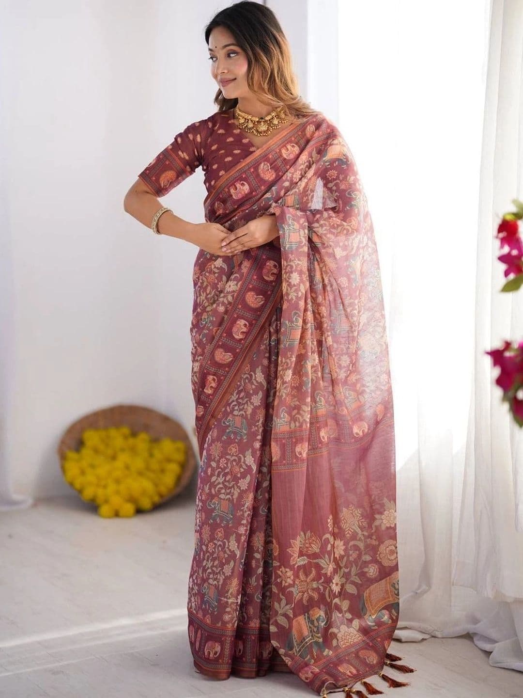 saneria silk Floral Linen Blend Bagru Saree thumbnail 6