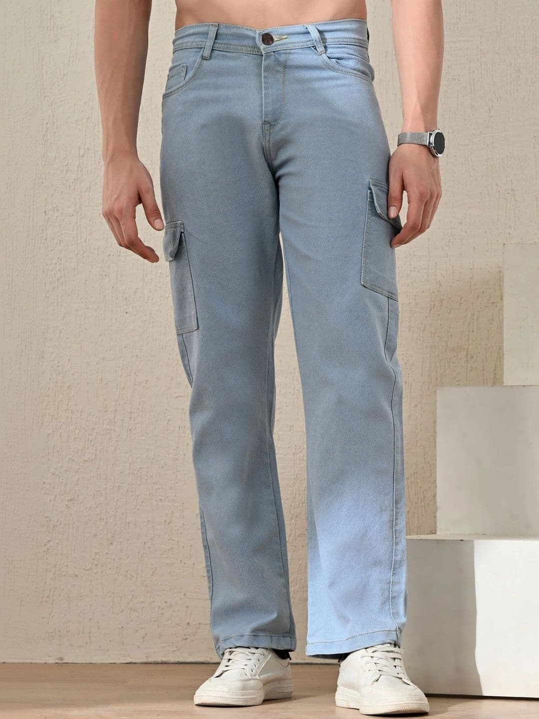 HERE&NOW Men's Light Blue Wash Mid-Rise Cargo Straight Leg Jeans - view 1