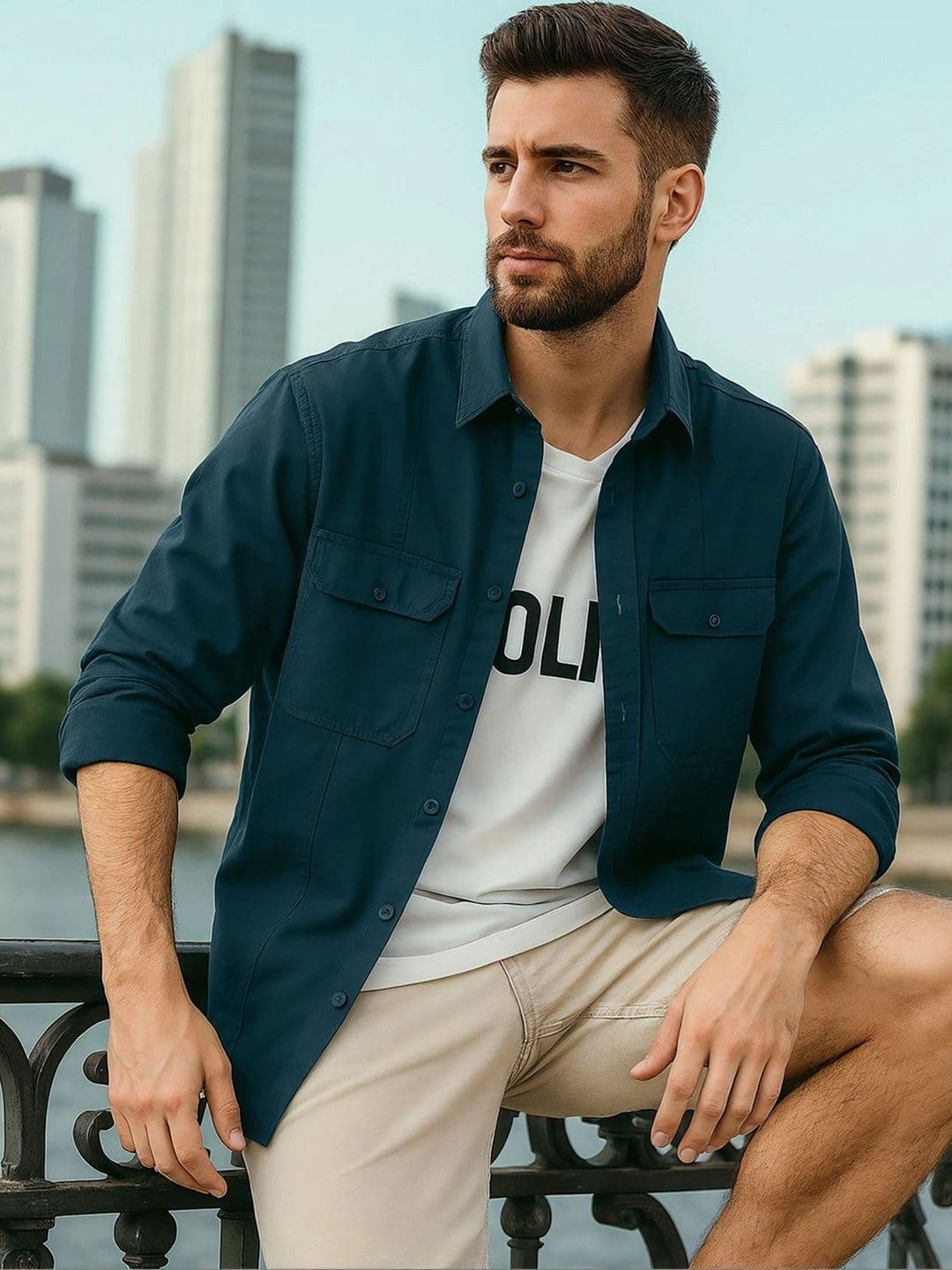 Bewakoof Men's Deep Teal Blue Oversized Cargo Shirt - view 1