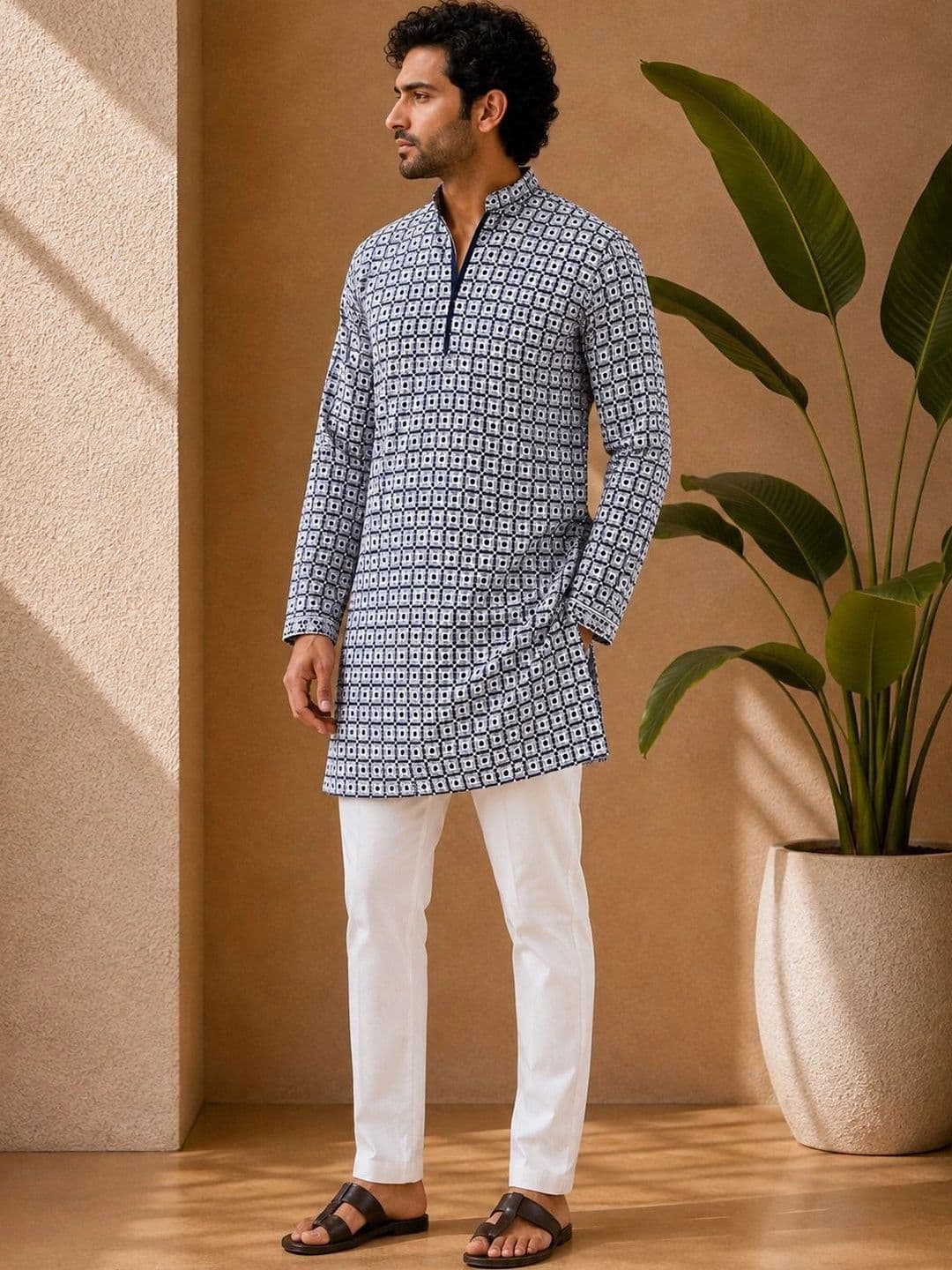 House of Pataudi Men Geometric Printed Kurta - view 1