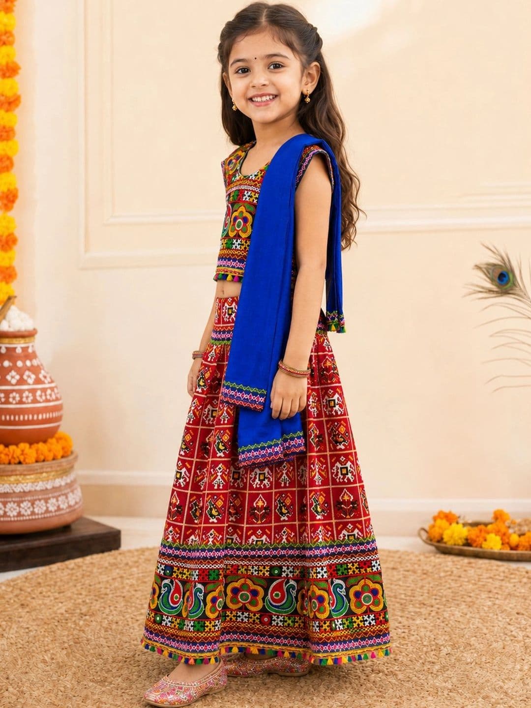 LITTLE GINNIE Girls Embroidered Thread Work Ready to Wear Lehenga & Blouse With Dupatta thumbnail 2