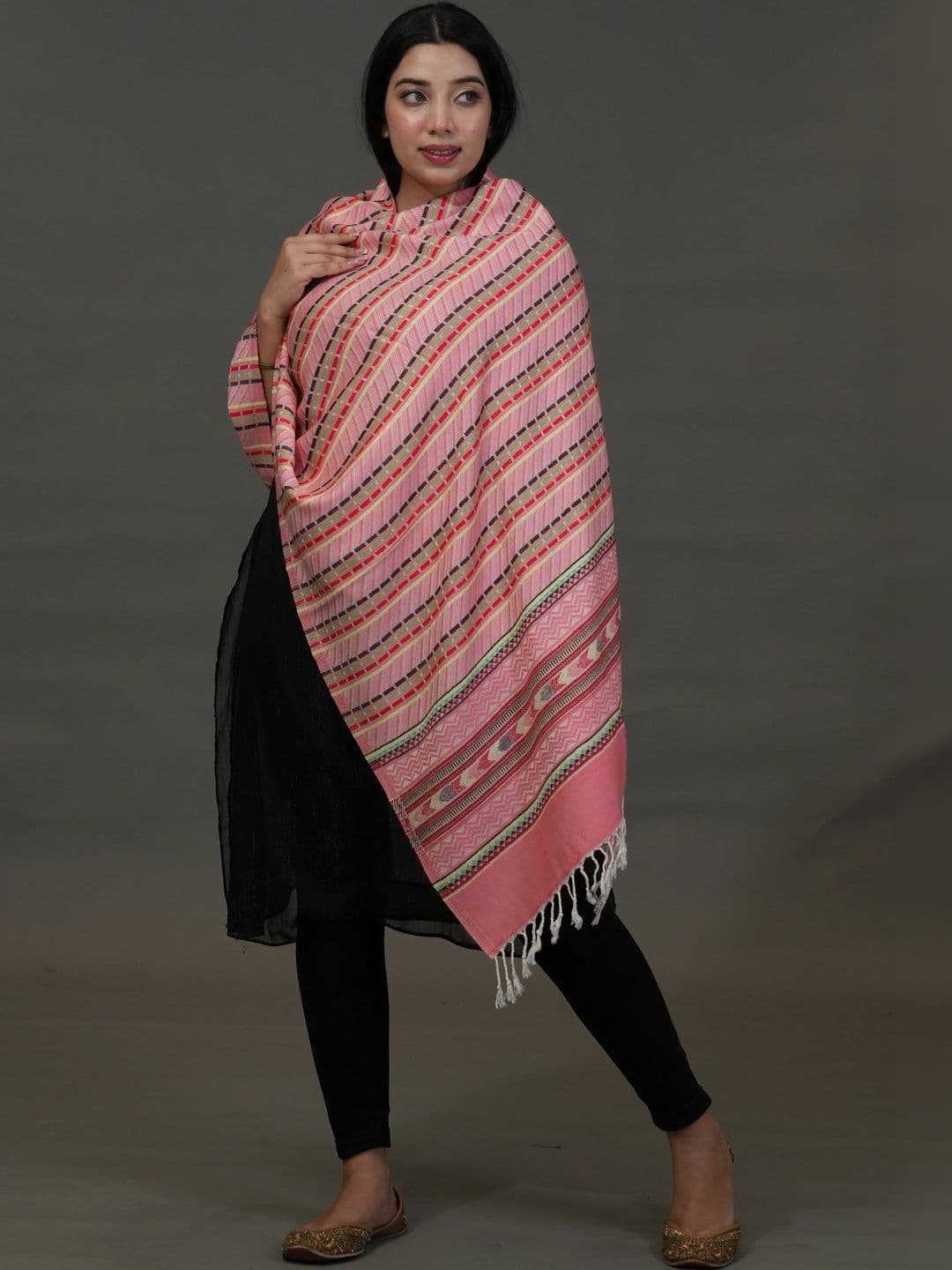 SHIFNEEN Women Striped Woven Design Acrylic Shawl thumbnail 5