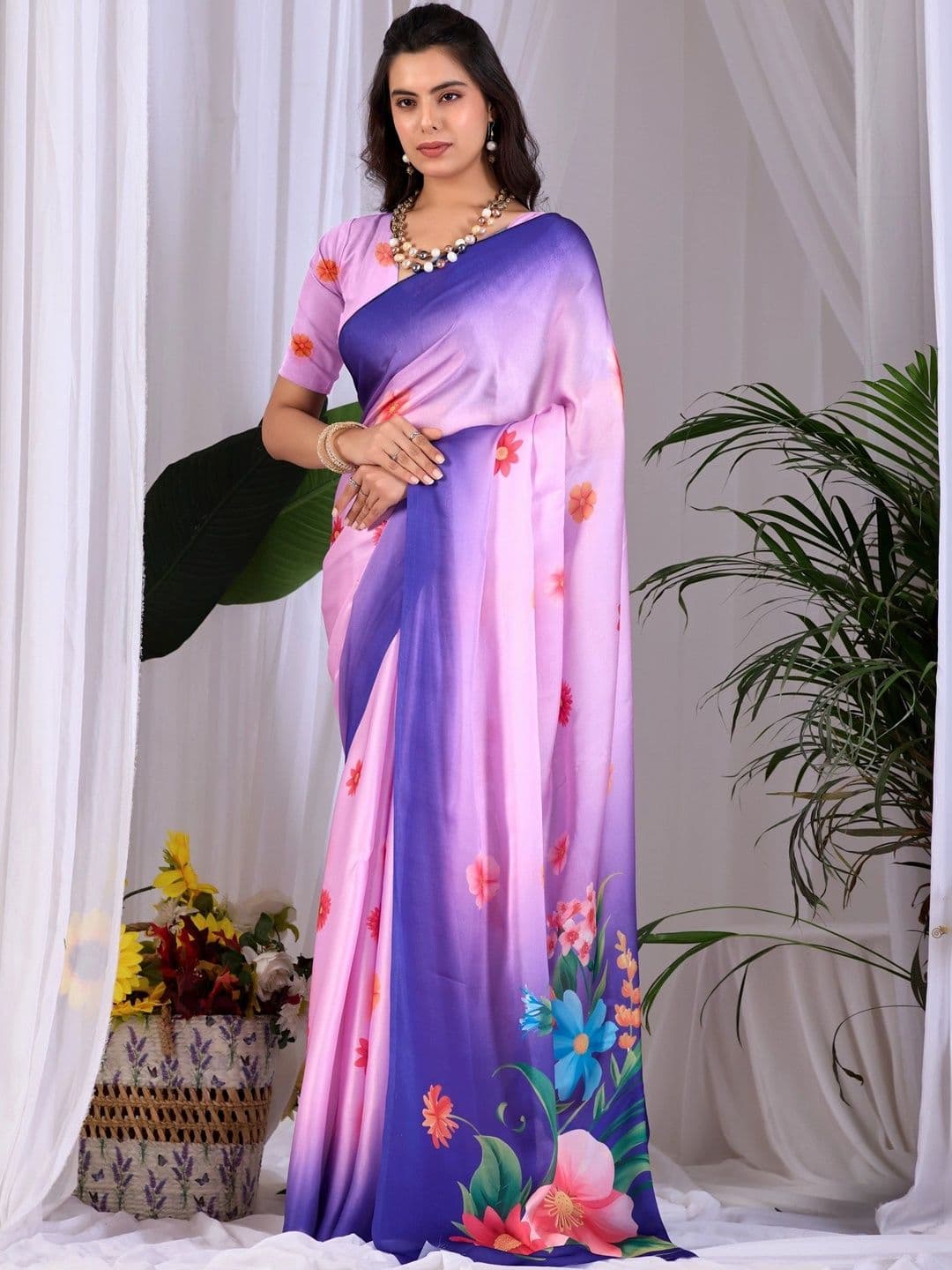 Mitera Floral Satin Designer Saree thumbnail 3