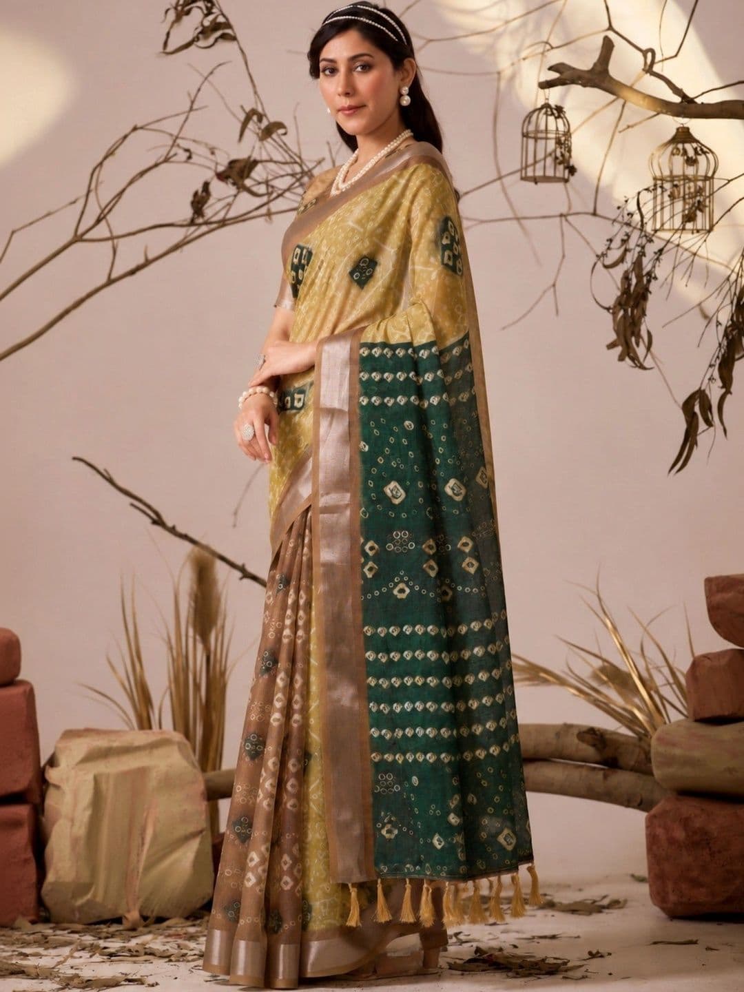 DIVASTRI Bandhani Zari Linen Blend Designer Patola Saree thumbnail 2