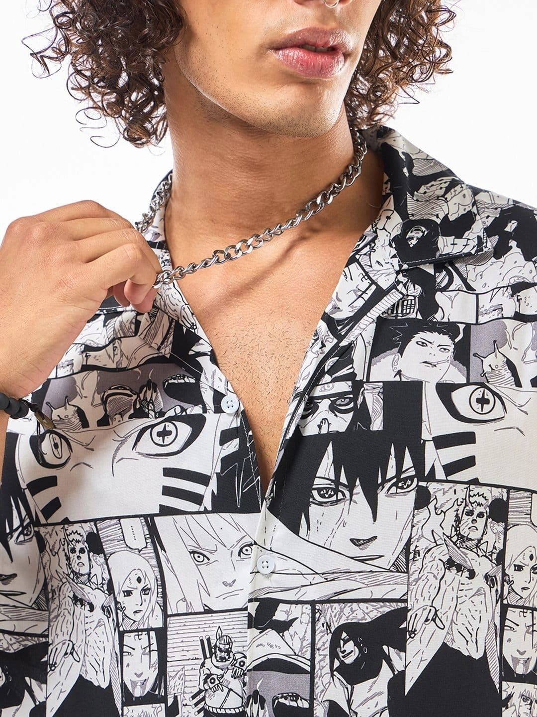Bewakoof Naruto Men's White & Black All Over Printed Oversized Shirt thumbnail 3