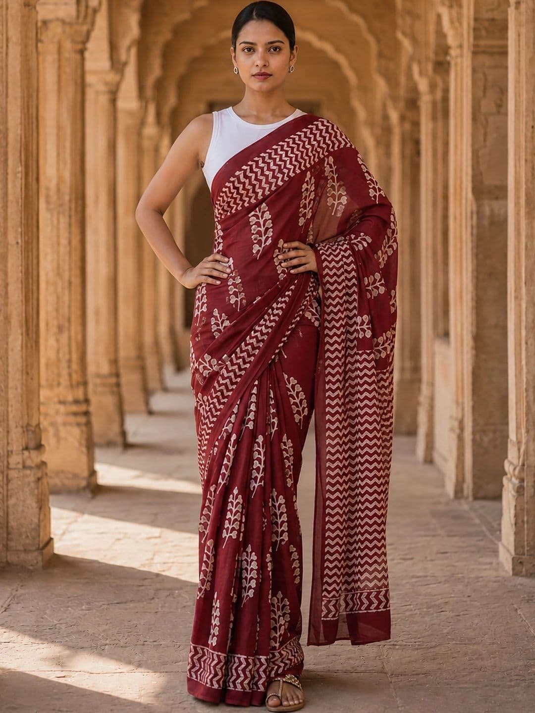 KALINI Floral Linen Blend Designer Block Print Saree thumbnail 4