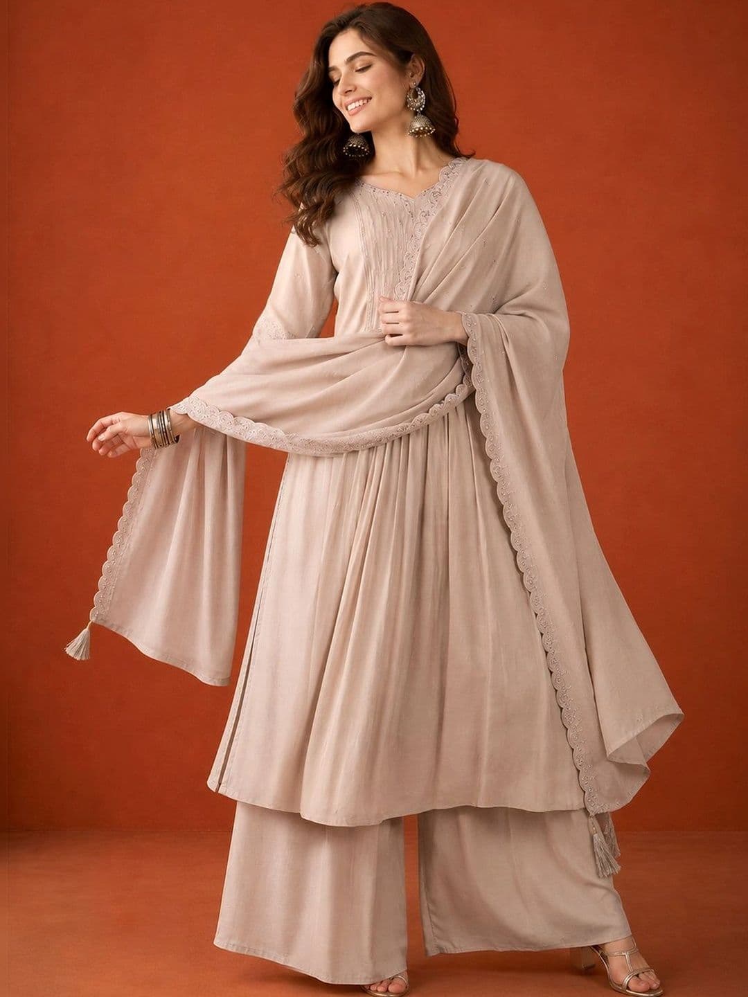 Sangria Women Ethnic Motifs Embroidered Regular Thread Work Kurta with Palazzos & With Dupatta thumbnail 5