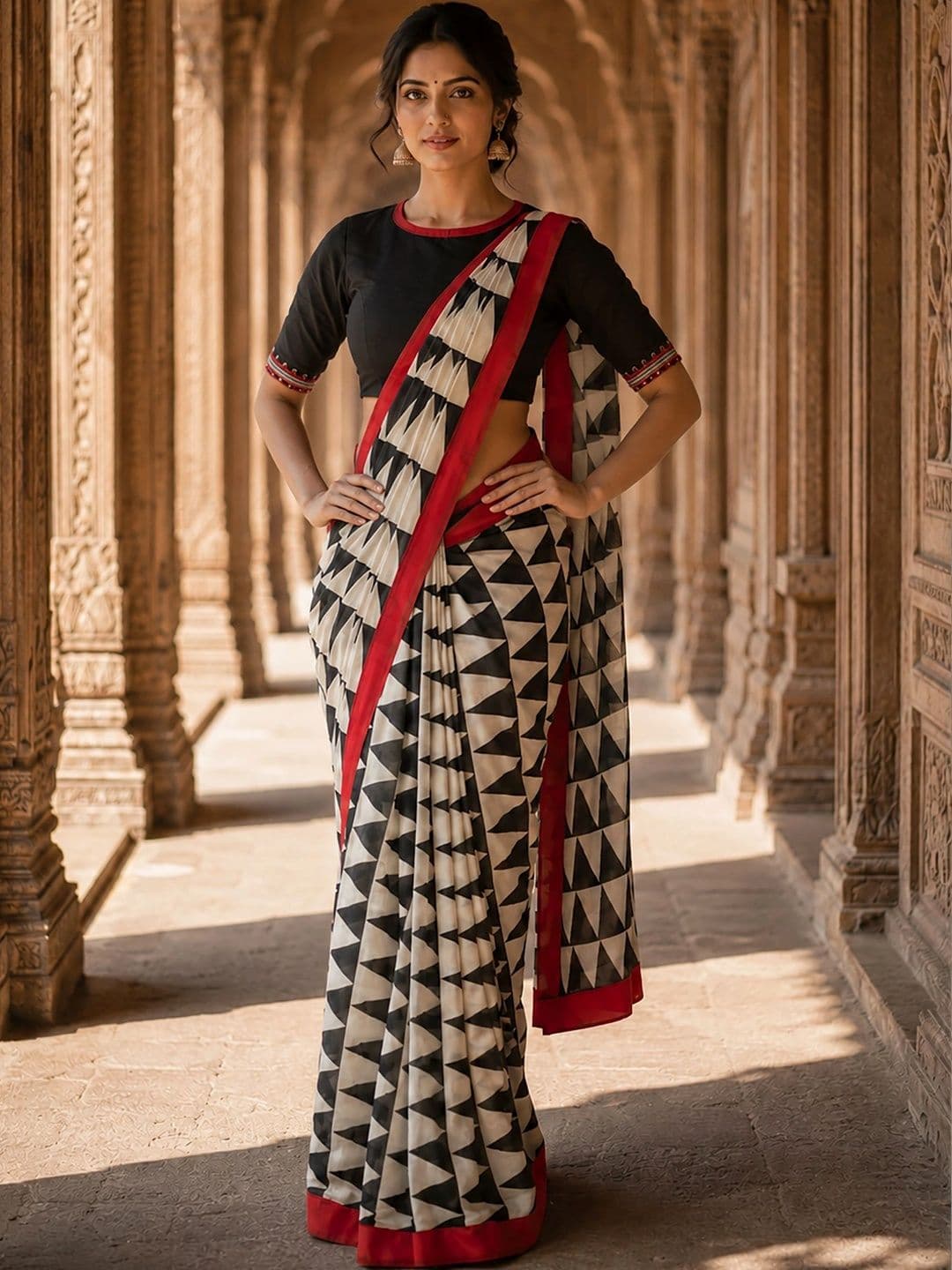 KALINI Linen Blend Designer Block Print Saree thumbnail 3