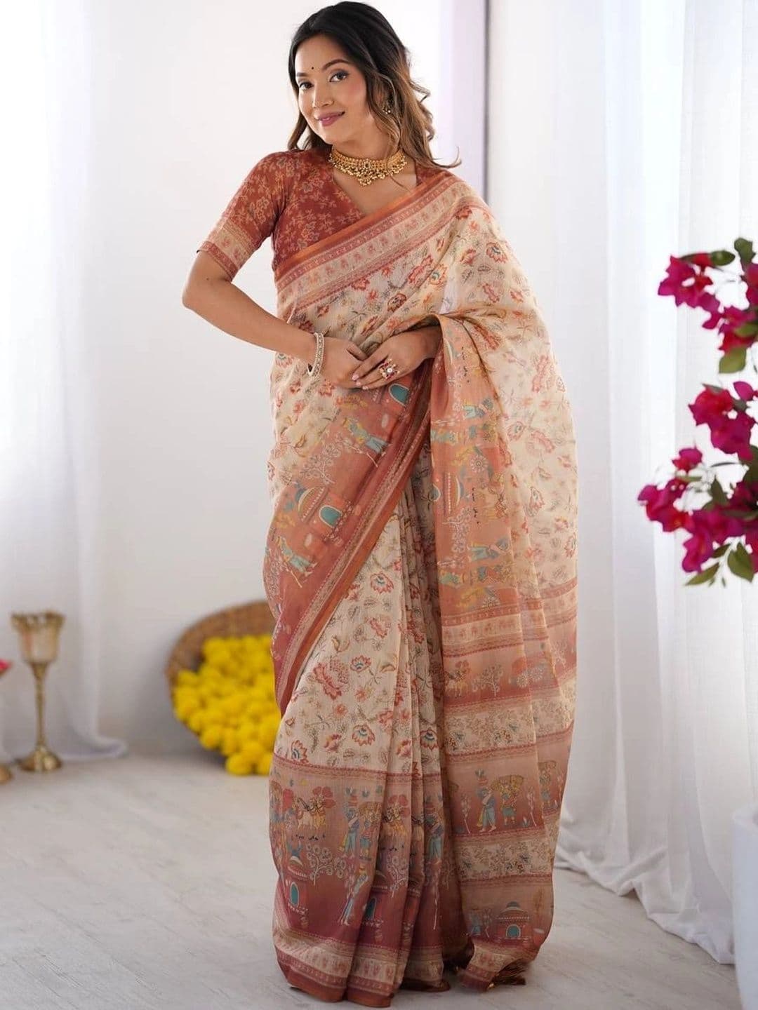 saneria silk Kalamkari Linen Blend Bagru Saree - view 1