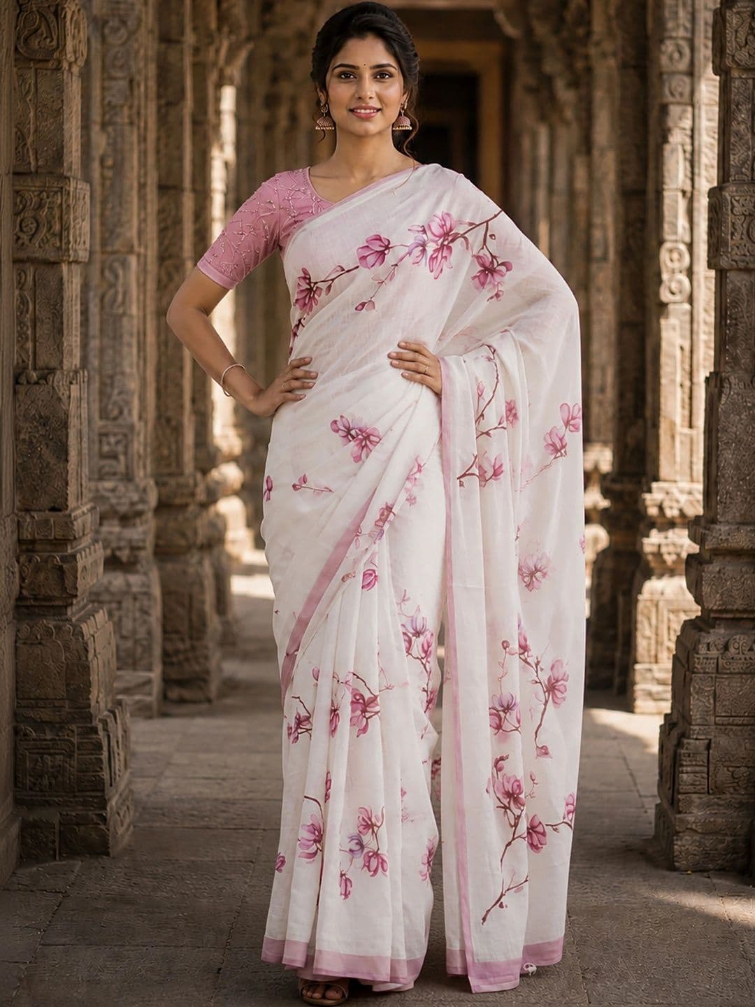 KALINI Floral Linen Blend Designer Block Print Saree thumbnail 4